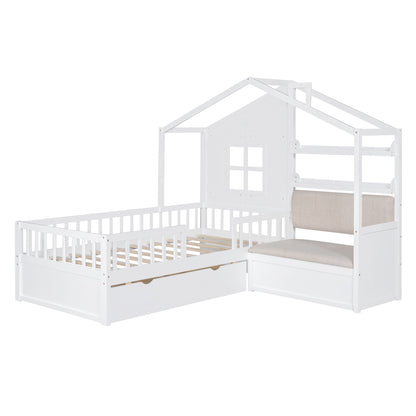 House Bed With Sofa, Kids Platform Bed With 2 Drawers And Storage Shelf