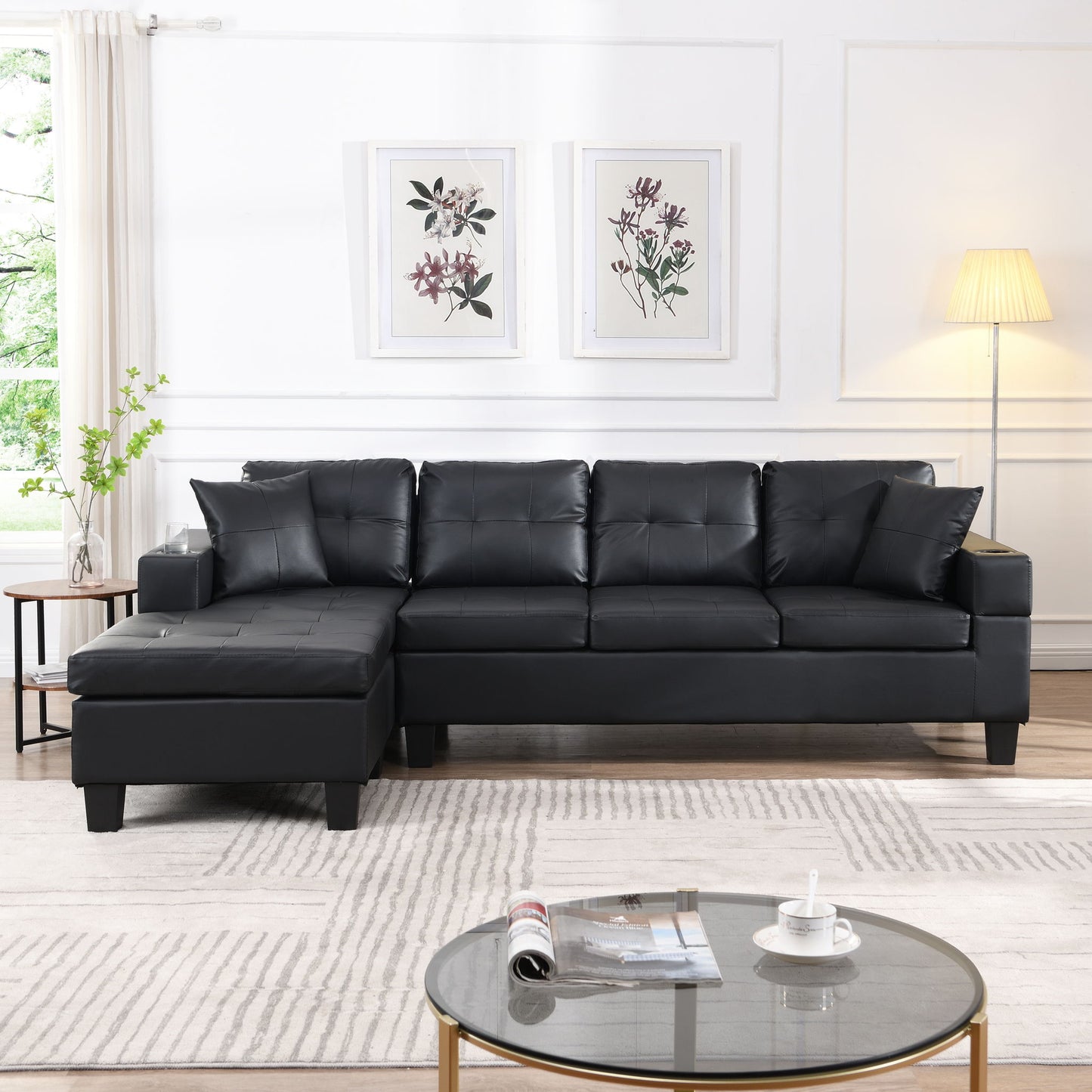 Modern Sectional Sofa Set With L Shape Chaise Lounge, Cup Holder, 4 Seat - Black