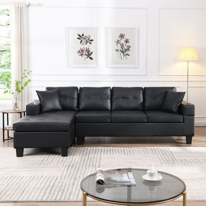 Modern Sectional Sofa Set With L Shape Chaise Lounge, Cup Holder, 4 Seat - Black