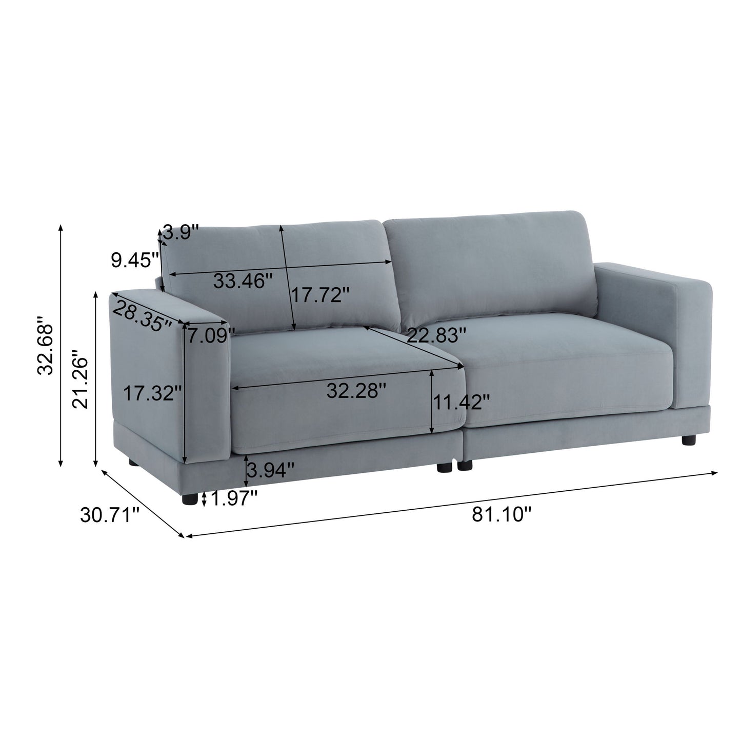 Modern Square Arm Sofa With Soft Fabric Upholstery, Deep Cushions