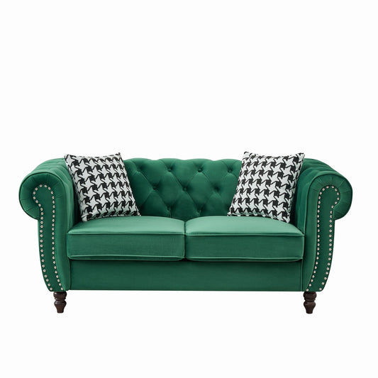 Chesterfield Velvet Fabric Sofa With Roll Armrest And Nailhead, Mid Century 2 Seater Couch