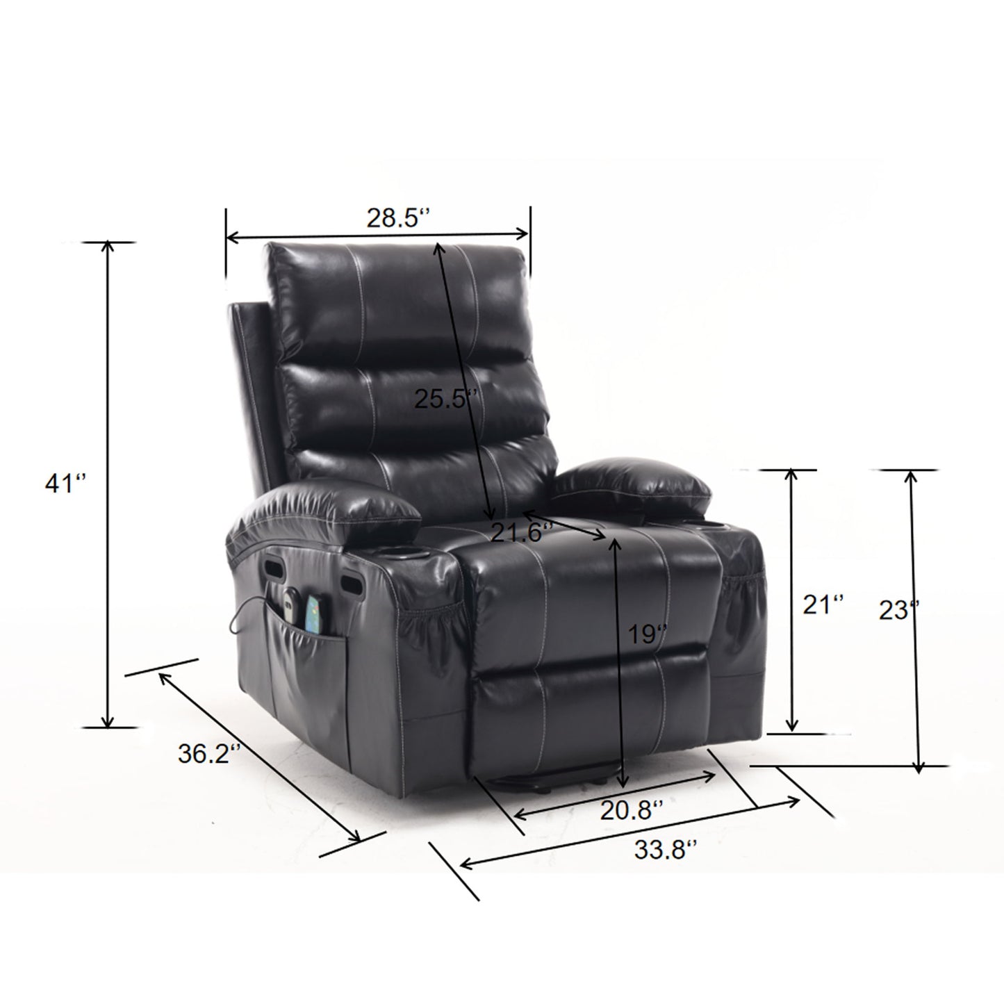 Large Size Electric Power Lift Recliner Chair Sofa, 8 Point Vibration Massage And Lumber Heat, Remote Control, Side Pockets And Cup Holders - Black