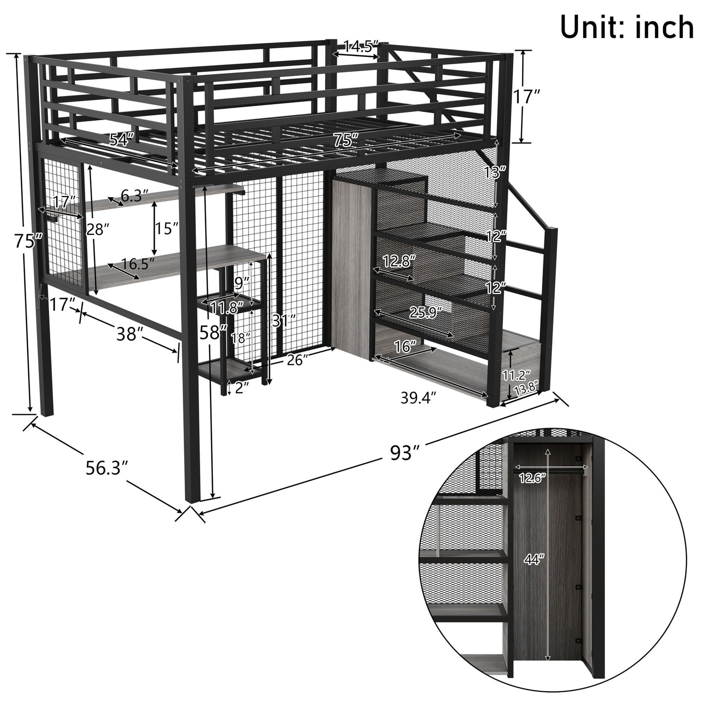 Full Size Metal Loft Bed With Wardrobe, Desk, Storage Shelves - Black