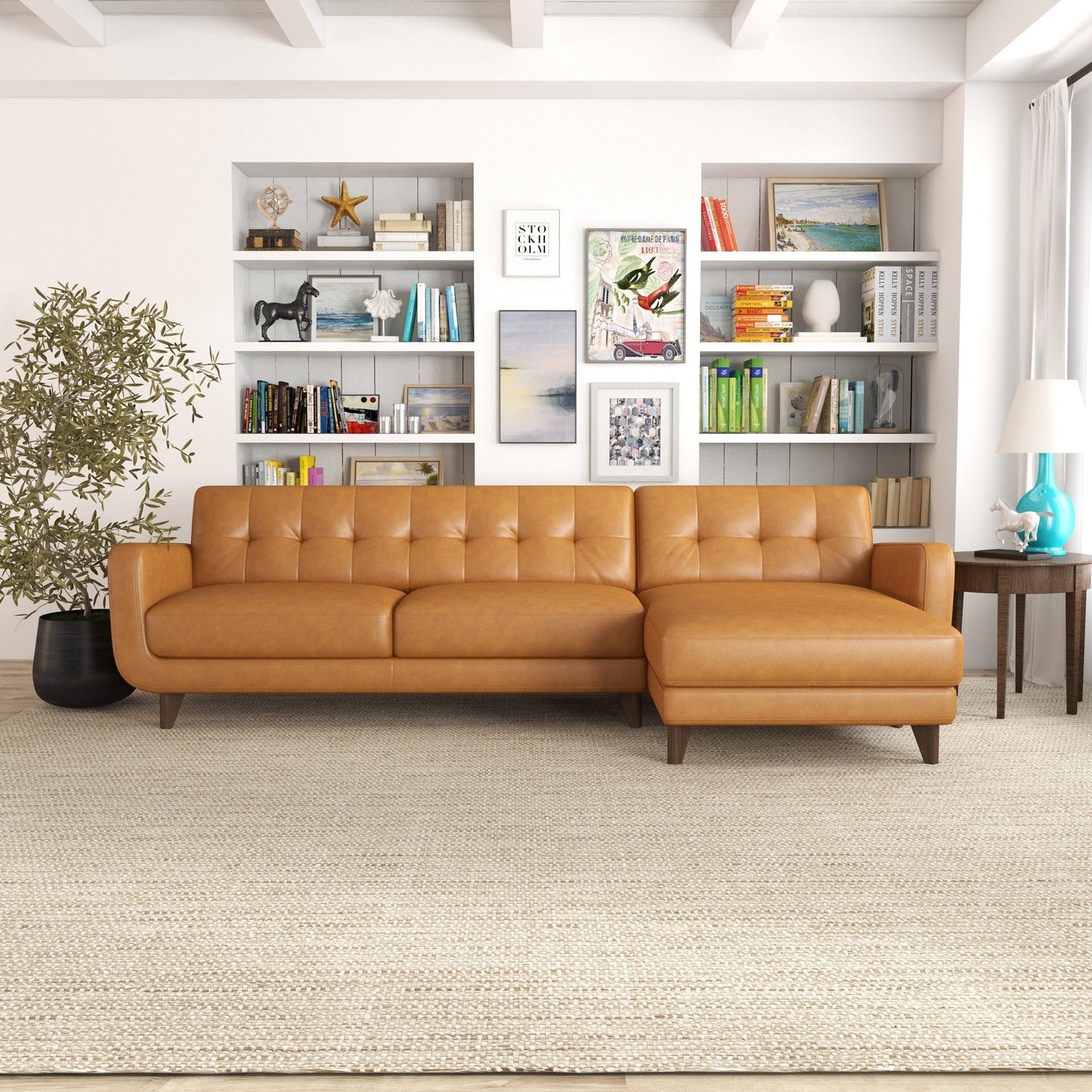 Allison - Right Facing Leather Sectional Sofa - Tan