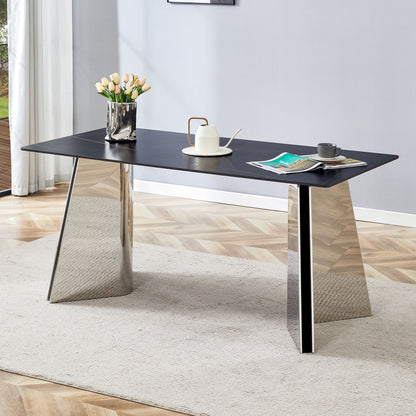 Modern Marble Patterned Dining Table With Stainless Steel Butterfly Legs, Scratch And Heat Resistant - Black / Silver