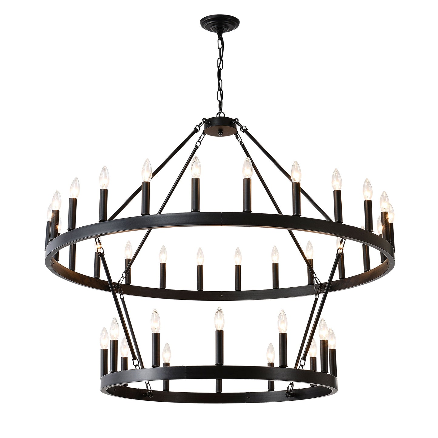 2 Tiers Wagon Wheel Chandelier Wooden Farmhouse 36 Light (24 / 12) Or (12 / 24) Metal Chandeliers 2 Story Light Fixtures Industrial For High Ceiling Living Dining Room Foyer, Adjustable Height - Black