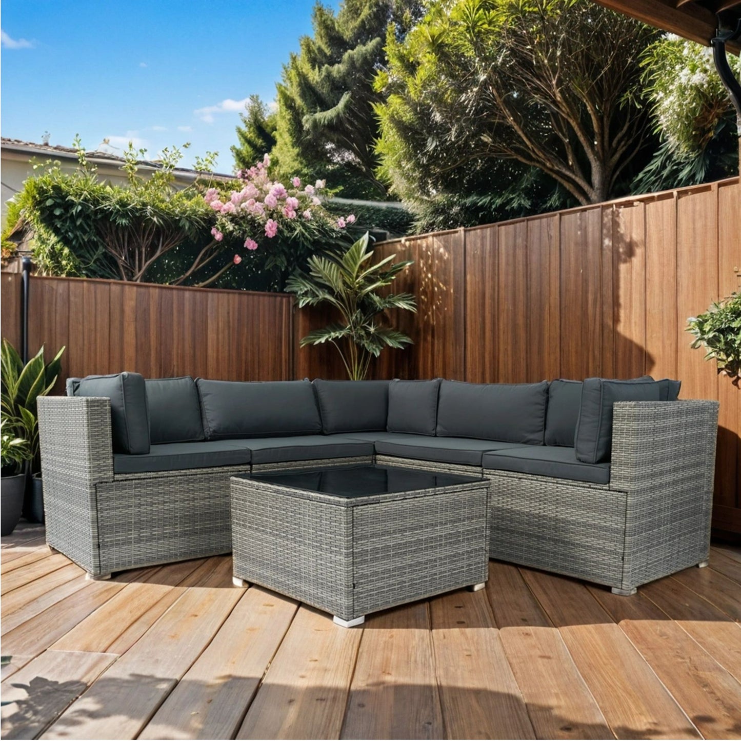 6 Pieces PE Rattan Sectional Outdoor Furniture Cushioned Sofa Set Wicker - Gray
