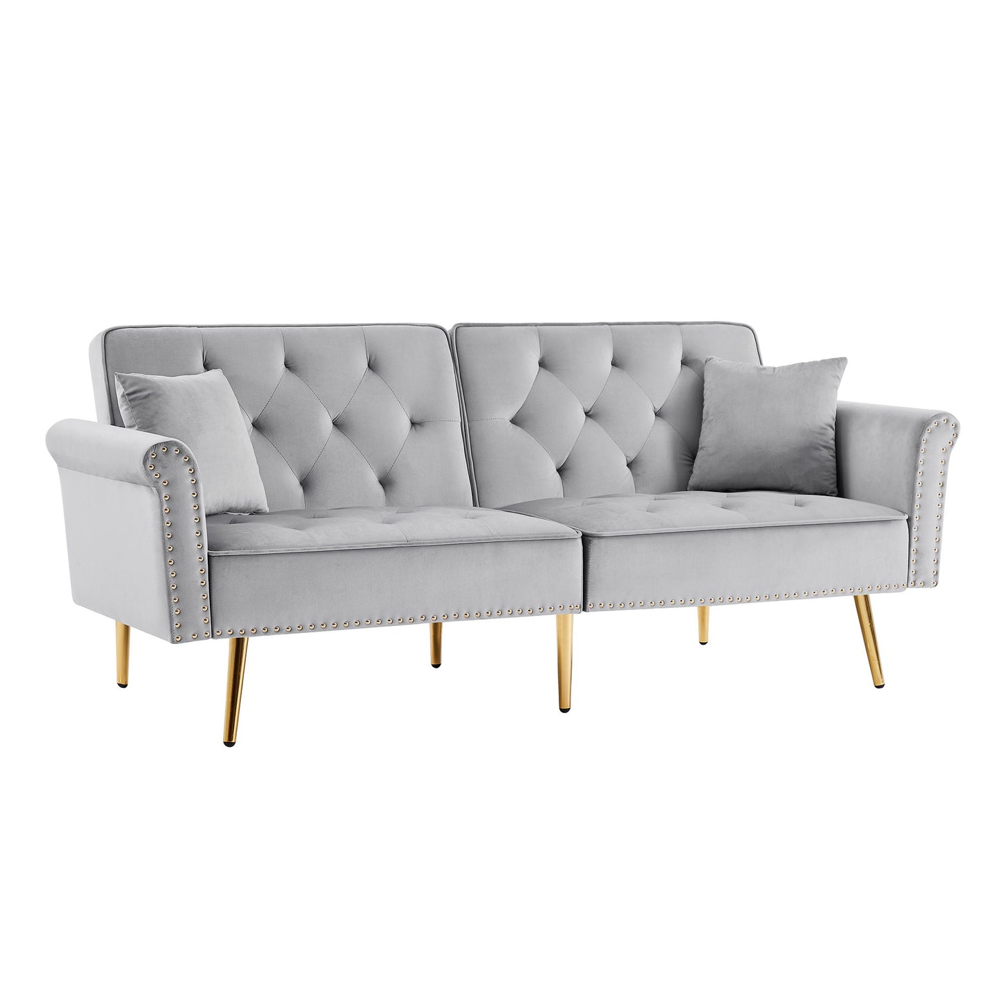 Velvet Tufted Sofa Couch With 2 Pillows And Nailhead Trim - Light Gray