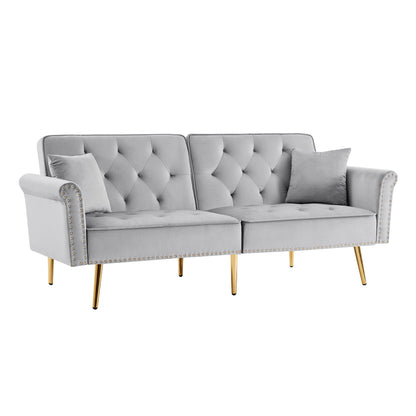 Velvet Tufted Sofa Couch With 2 Pillows And Nailhead Trim - Light Gray