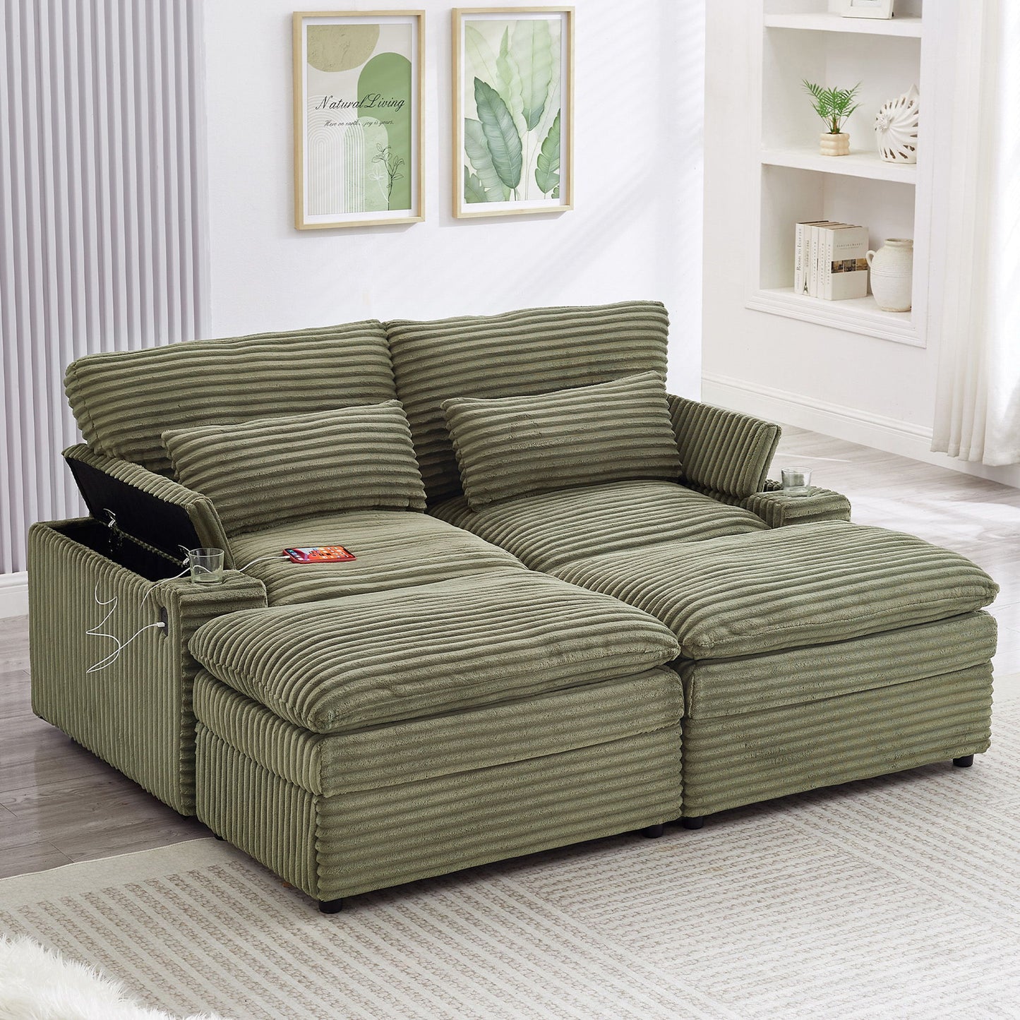 Convertible Loveseat Sofa With Storage And USB Ports - Green