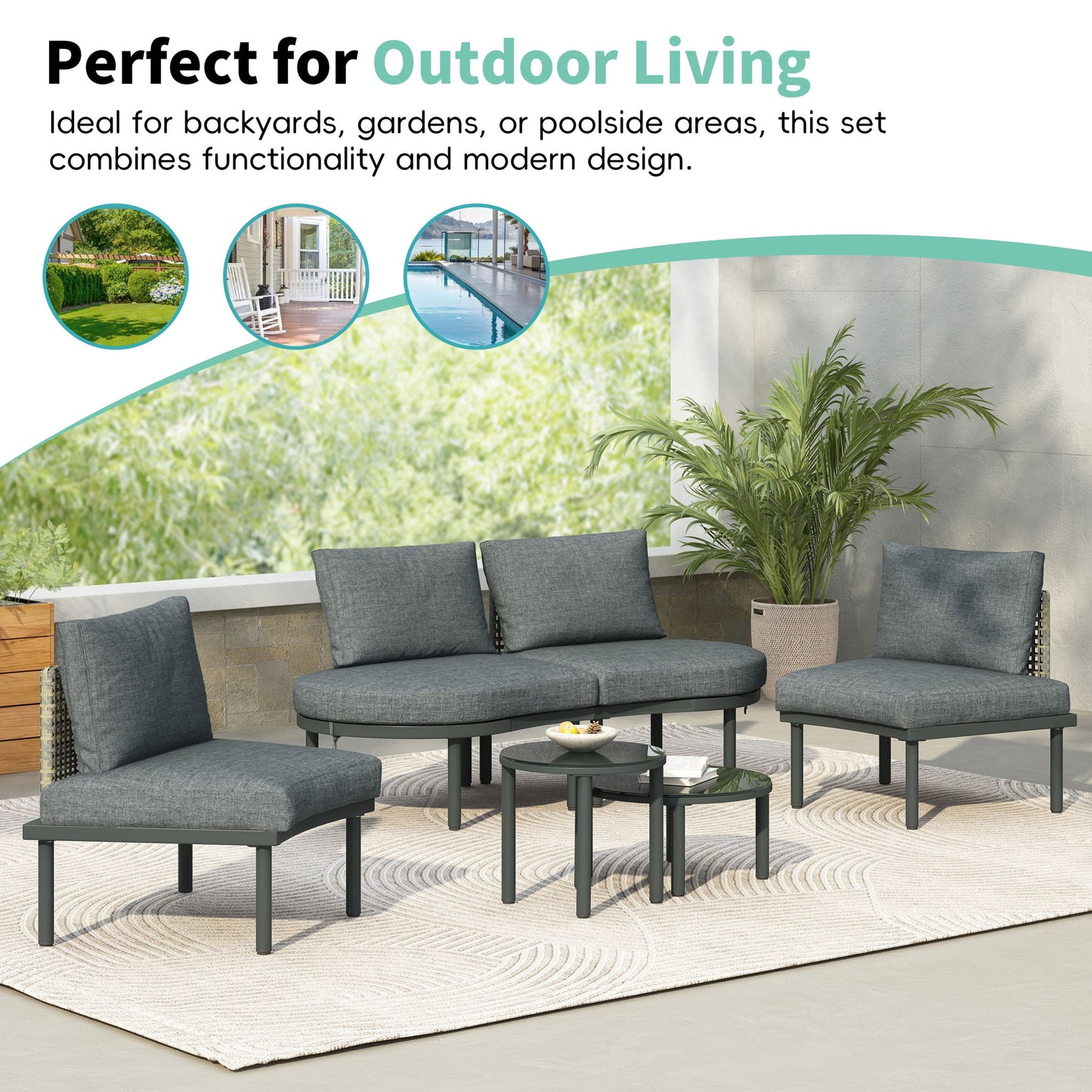 6 Piece Patio Set, Half Moon Outdoor Sectional Sofa With 2 High Low Coffee Tables, 4 Pillows & Cushions