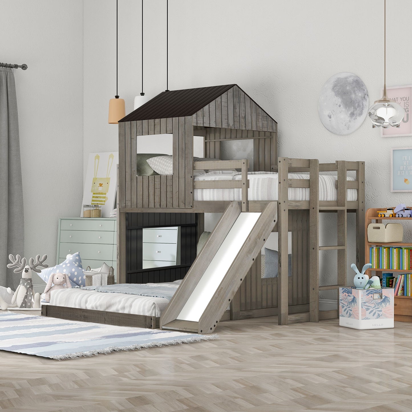Loft Bunk Bed With Playhouse, Farmhouse, Ladder, Slide And Guardrails