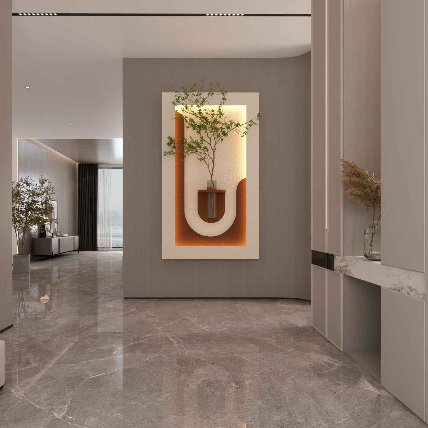 Adjustable 3 Color LED Sandstone Wall Decor With Simulated Plants, Vase & Rabbit Statue - Light Coffee