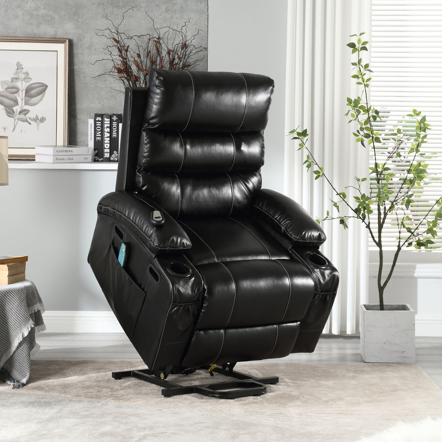 Large Size Electric Power Lift Recliner Chair Sofa, 8 Point Vibration Massage And Lumber Heat, Remote Control, Side Pockets And Cup Holders - Black