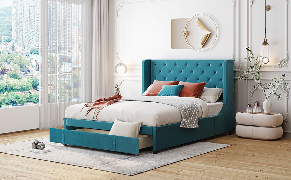 Queen Size Storage Upholstered Platform Bed With Wingback Headboard And A Big Drawer - Blue
