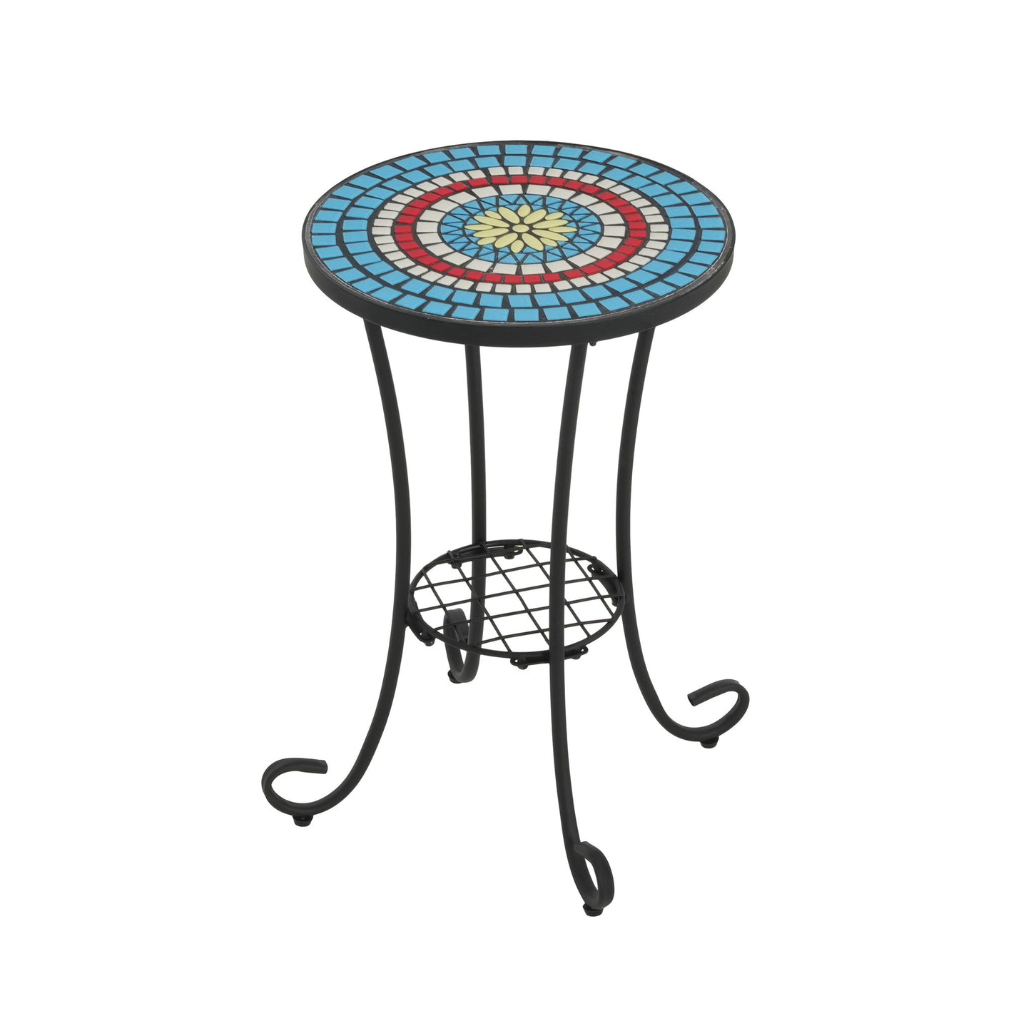 Ceramic Tile And Iron Patio Side Table With Shelf