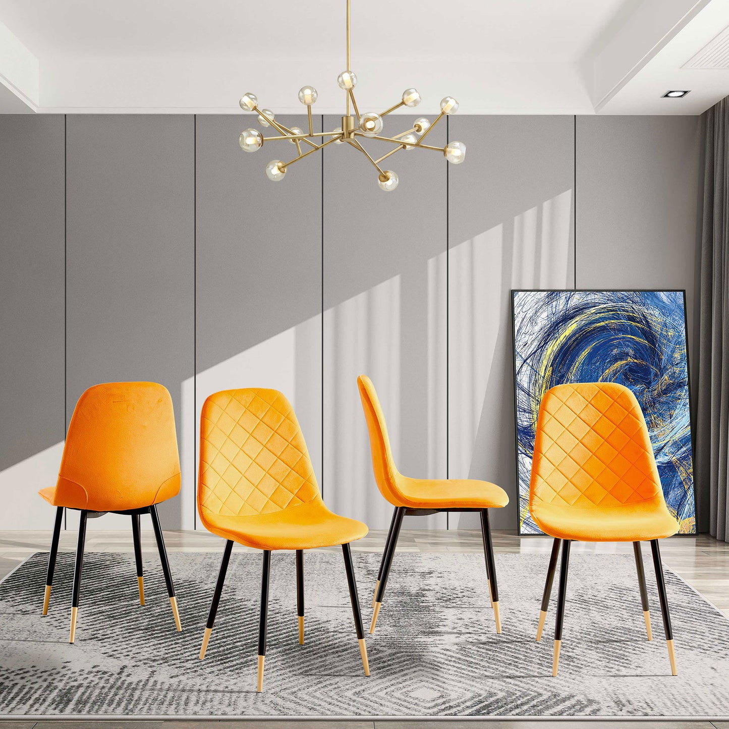 Velvet Tufted Accent Chairs With Golden Color Metal Legs, Modern Dining Chairs For Living Room (Set of 2) - Orange