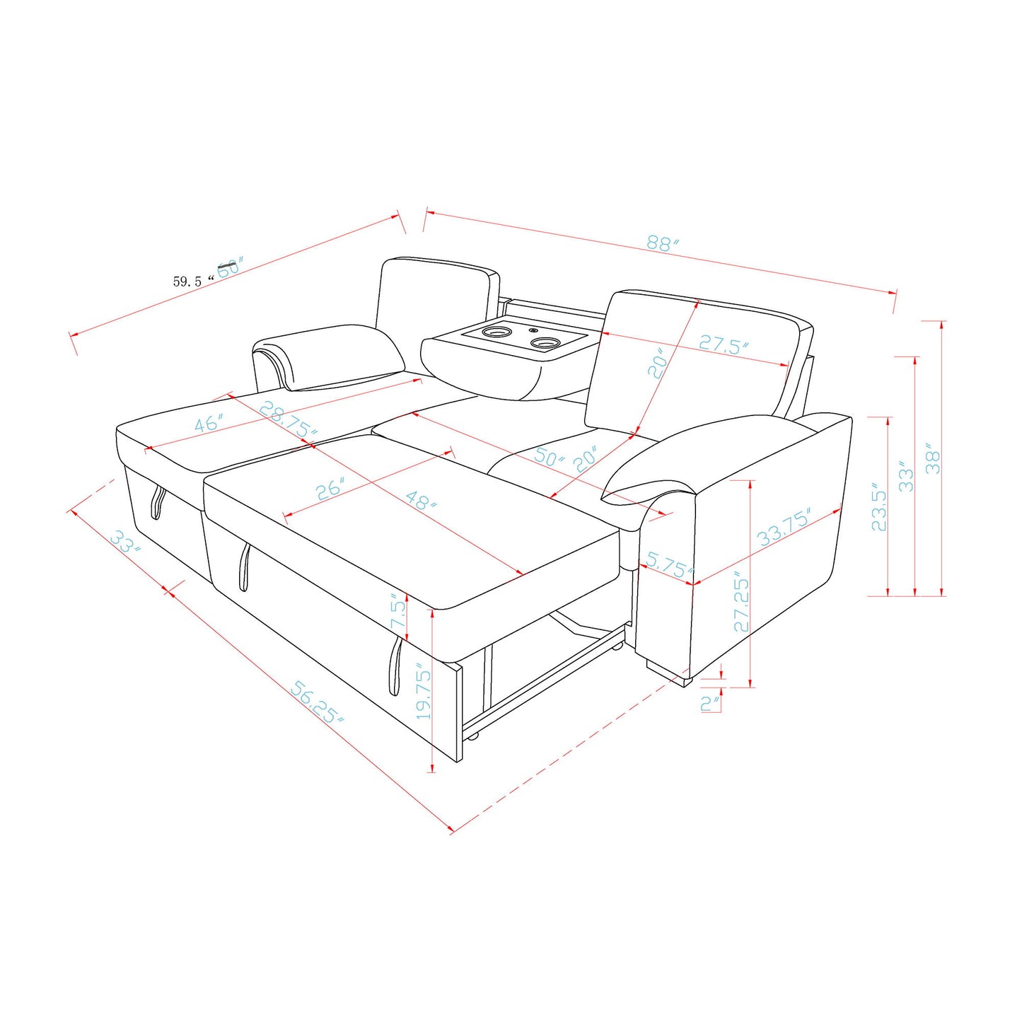 Rebecca - Sofa With Pull Out Bed, Storage Chaise, USB And Cup Holders - Dark Gray