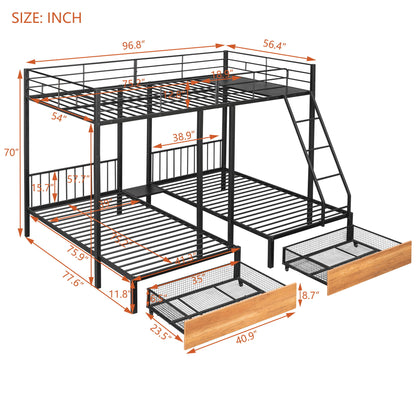 Triple Bunk Bed With Drawers And Guardrails