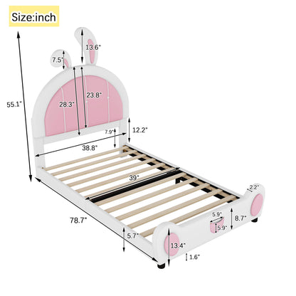 Twin Size Upholstered Platform Bed With Rabbit Shaped Headboard - White / Pink