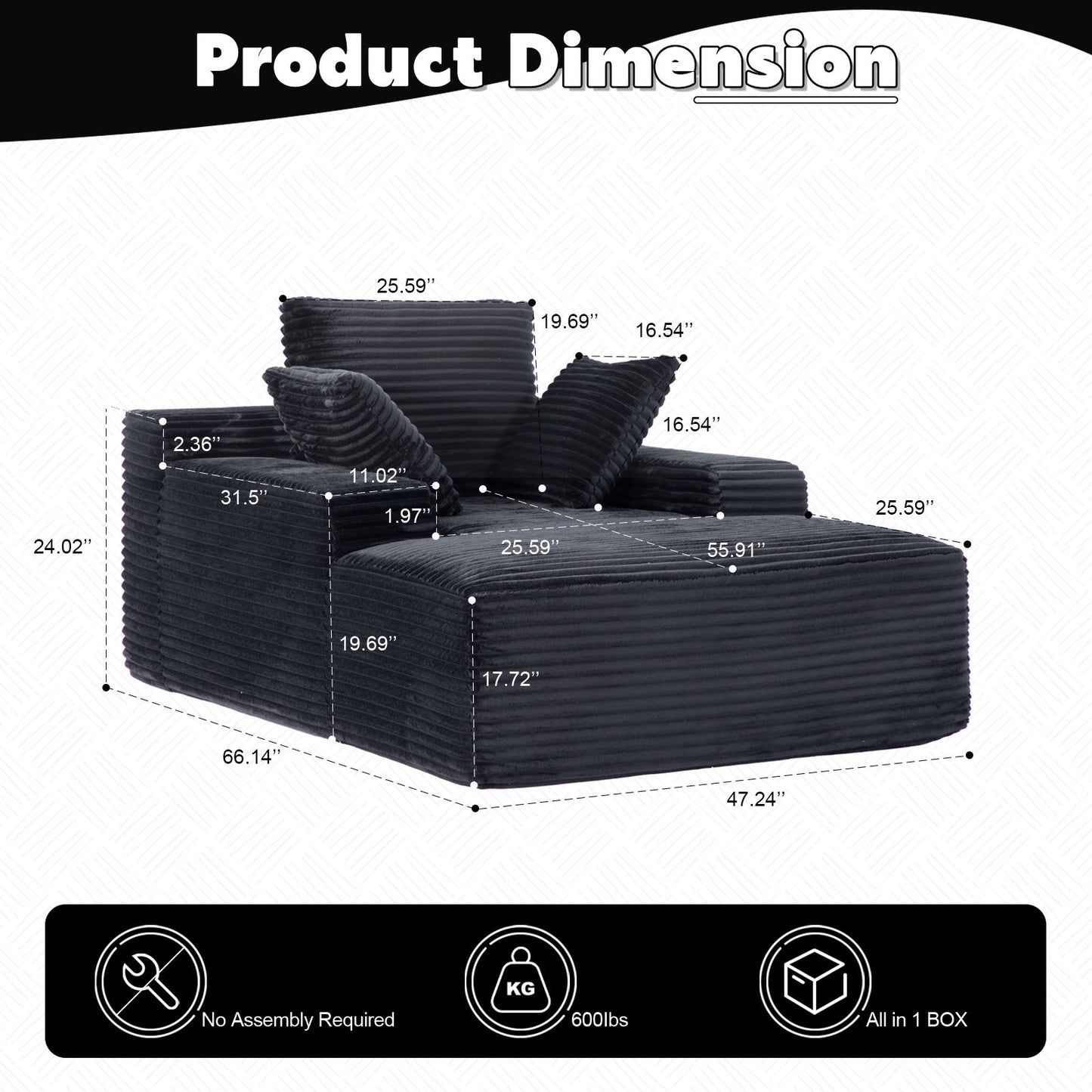 Oversized Chaise Lounge Chair Cozy Cloud Couch With 3 Throw Pillows And Wide Armrest