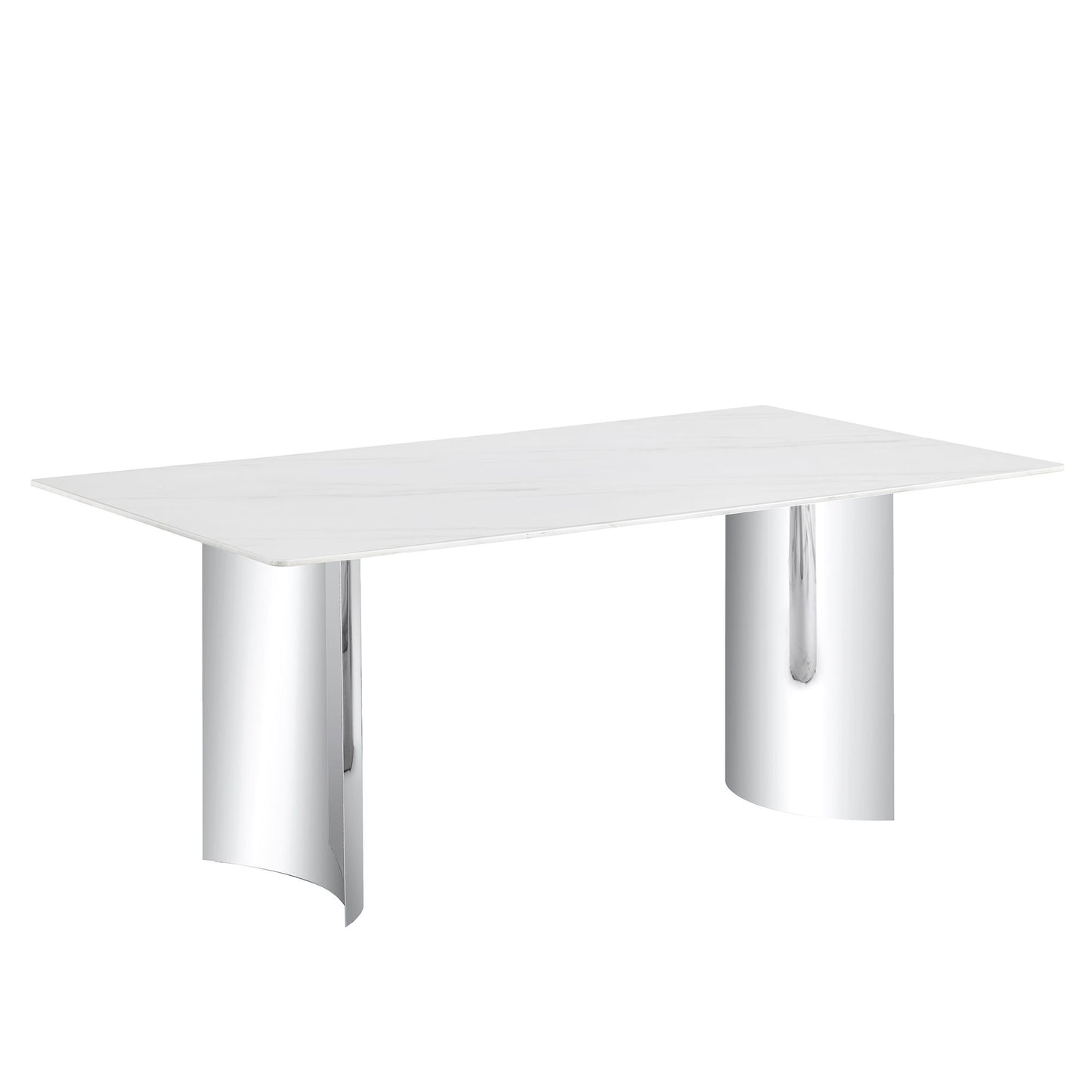 Modern Minimalist Dining Table With Imitation Marble Glass Surface And Metal Legs - White