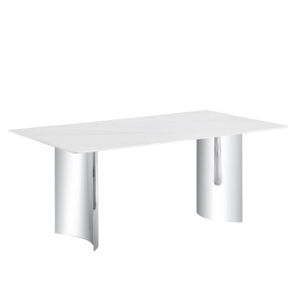 Modern Minimalist Dining Table With Imitation Marble Glass Surface And Metal Legs - White