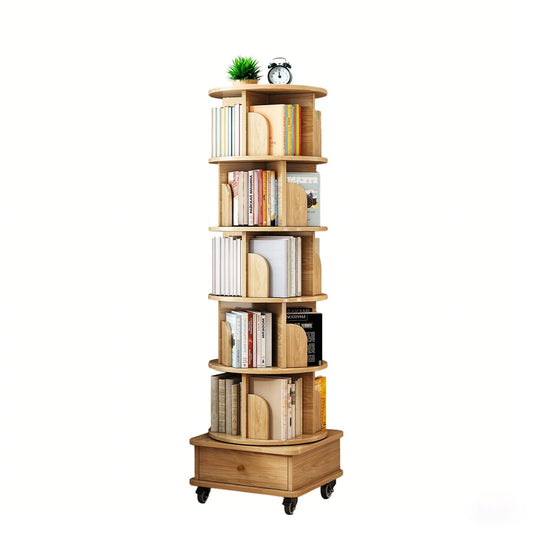 Rotating Bookshelf With Wheels And Drawer, 360° Spinning Design, Space Saving Storage