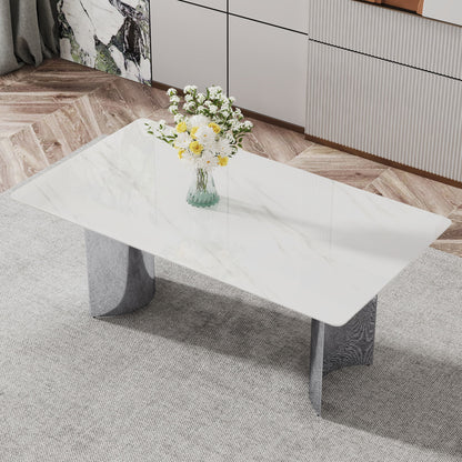 Modern Minimalist Dining Table With Imitation Marble Glass Surface And Metal Legs - White