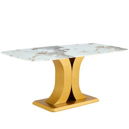 Modern Minimalist Dining Table With Imitation Marbled Glass Top And Legs For Kitchen And Living Room - Gold