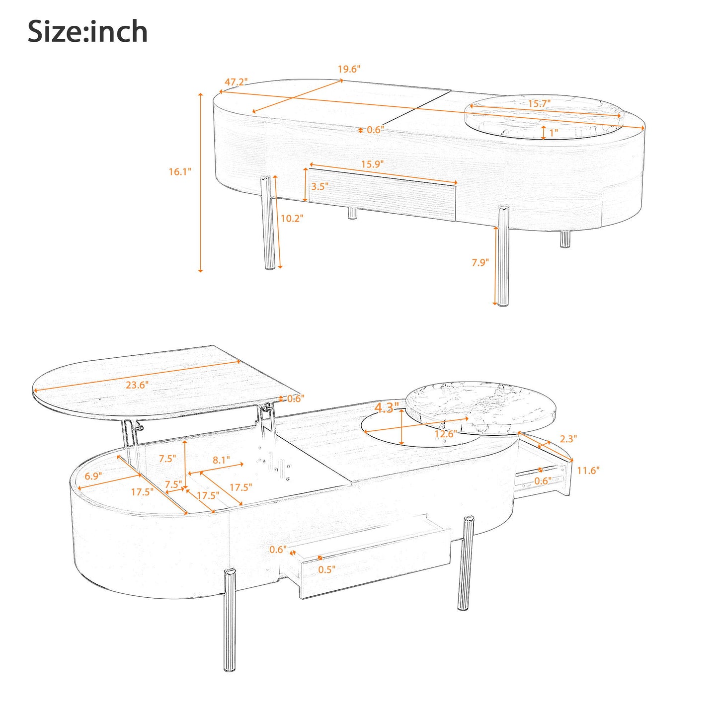 Lift Top Coffee Table With 360 Degree Marble Patterned Rotating Tray, Hidden Compartment, Partially Assembled Wooden Center Table, Modern Oval Lift Tabletop For Home Living Room - Brown