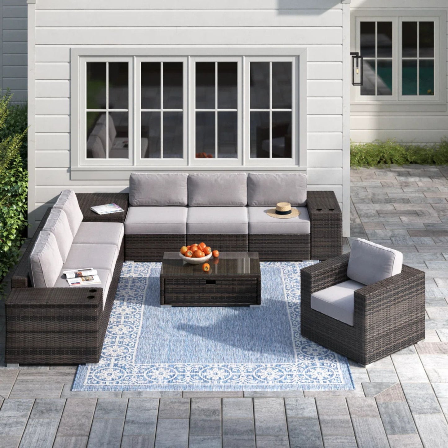 Modern Patio Rattan Sectional Set With Cushions