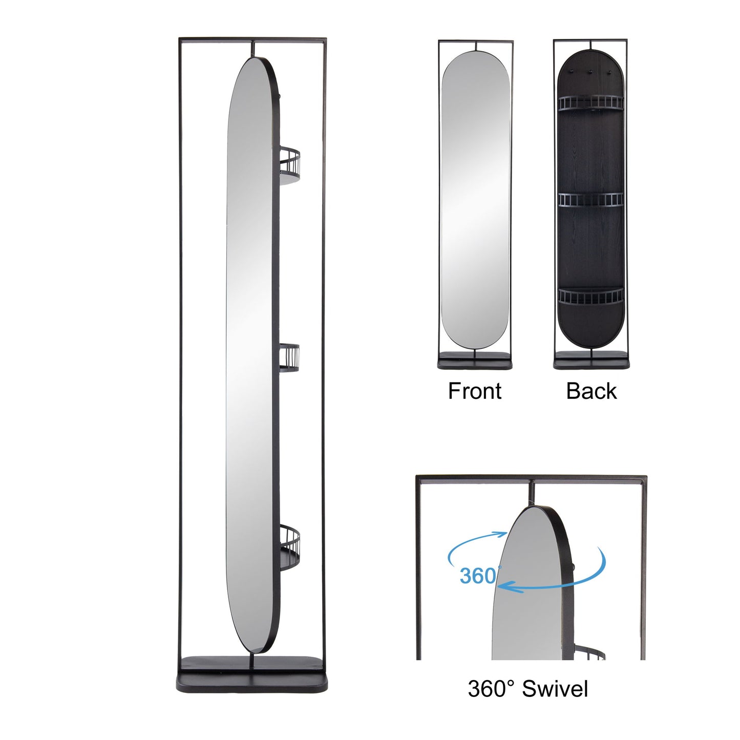 Full Length Standing Mirror, 360° Swivel Floor Mirror For Bedroom - Black