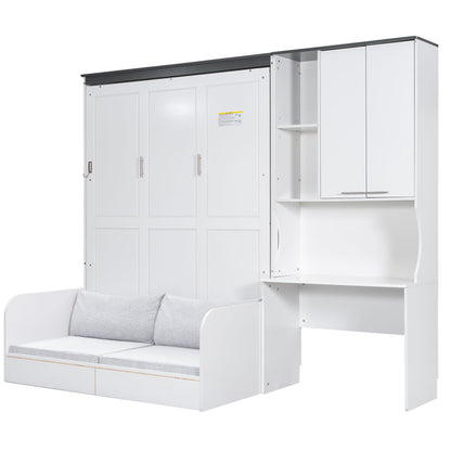 Multi Functional Murphy Bed With Sofa, Desk, And Storage Cabinet, Queen Size - White