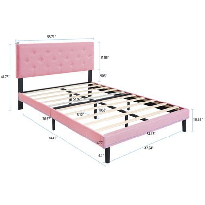 Modern Upholstered Platform Bed Frame With Button Tufted Linen Fabric Headboard