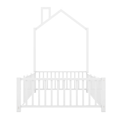 Twin Size Metal House Platform Bed With Guardrail And Chimney - White