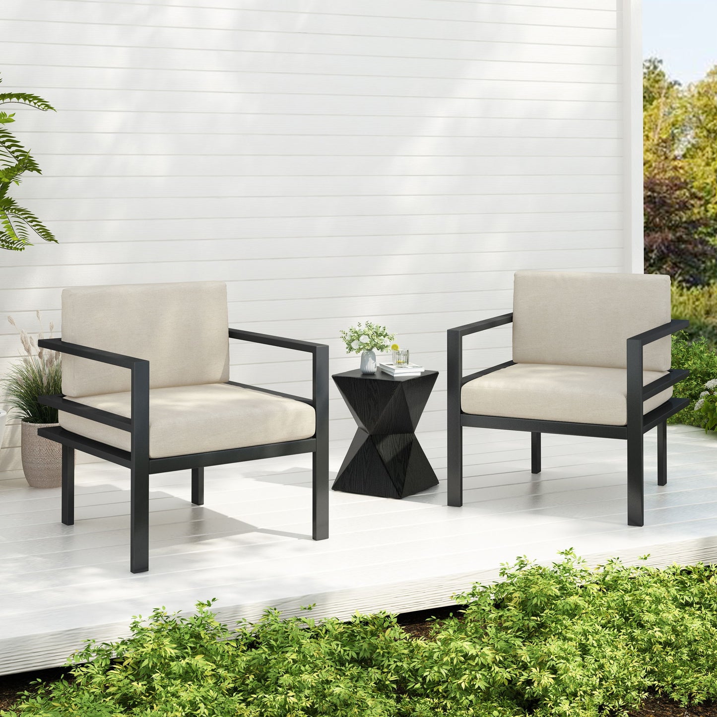Modern 3 Piece Outdoor Patio Seating Set With Aluminum Frame And Weather Resistant Cushions - Beige / Gray