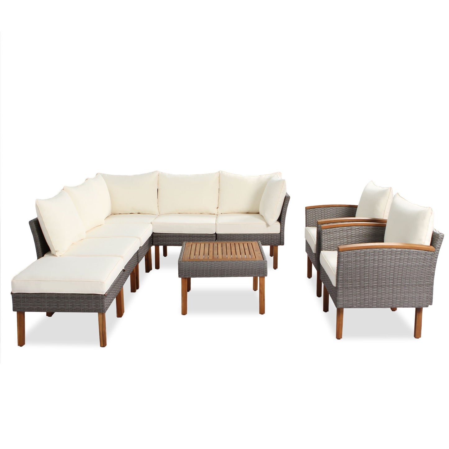 9 Piece Patio Rattan Furniture Set, Outdoor Conversation Set With Acacia Wood Legs And Tabletop, PE Rattan Sectional Sofa Set With Coffee Table, Washable Cushion - Beige