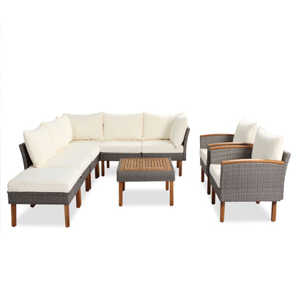 9 Piece Patio Rattan Furniture Set, Outdoor Conversation Set With Acacia Wood Legs And Tabletop, PE Rattan Sectional Sofa Set With Coffee Table, Washable Cushion - Beige