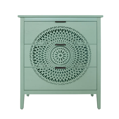 3 Drawer Storage Cabinet With Hollow Carved Design And Metal Handles, Chest For Entryway, Living Room Or Bedroom - Light Green