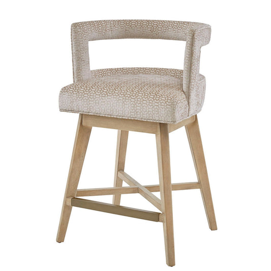 Design Swivel Counter Stool With Low Back Support Polyester And Solid Wood - Cream