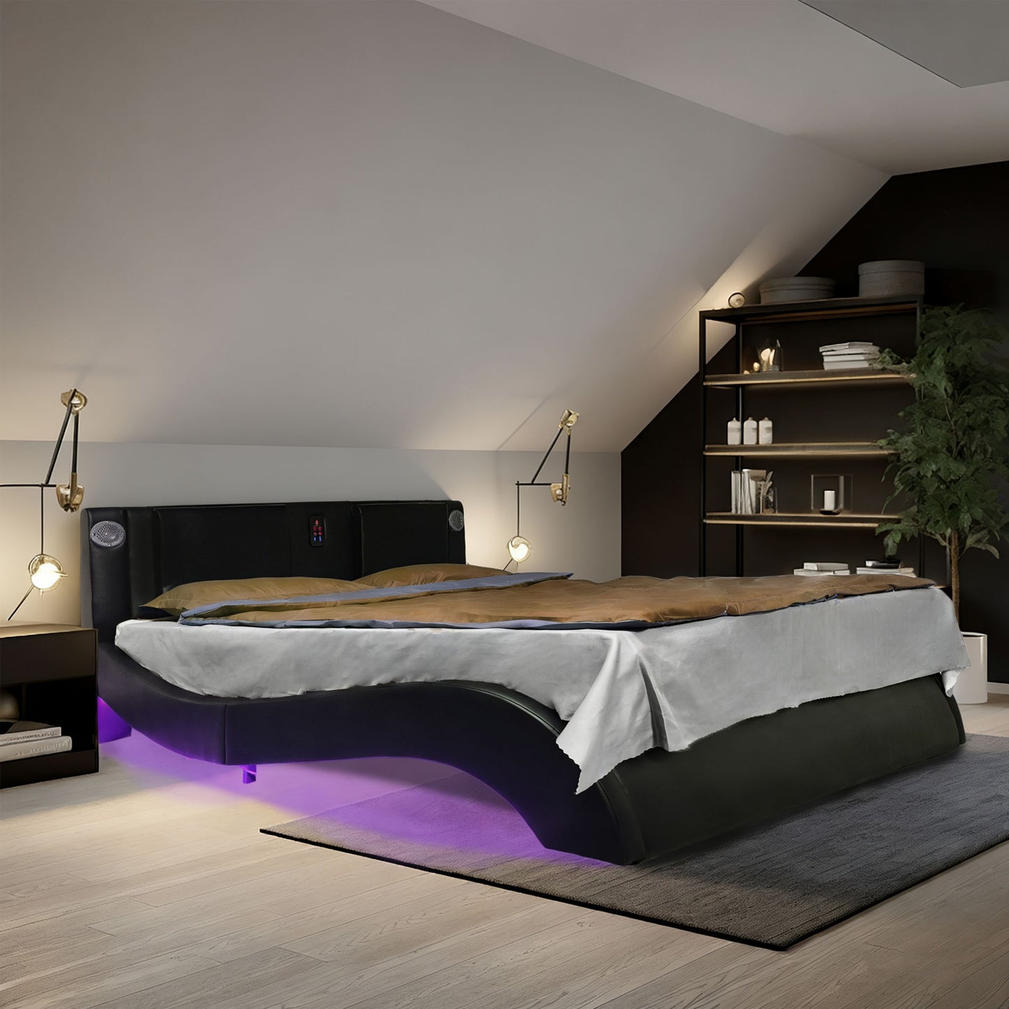 Platform Bed Frame With LED Lighting, Bluetooth Music, Vibration Massage