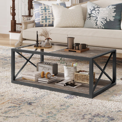 Industrial Style Coffee Table For Bedroom & Living Room With Tempered Glass & Wood Grain - Wood