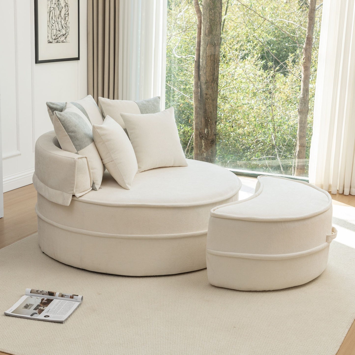 Modern Oversized Round Barrel Accent Chair With Ottoman