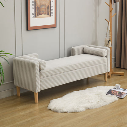 Wide Corduroy Storage Soft Bench With Armrests, Backrest And Two Bolster Pillows