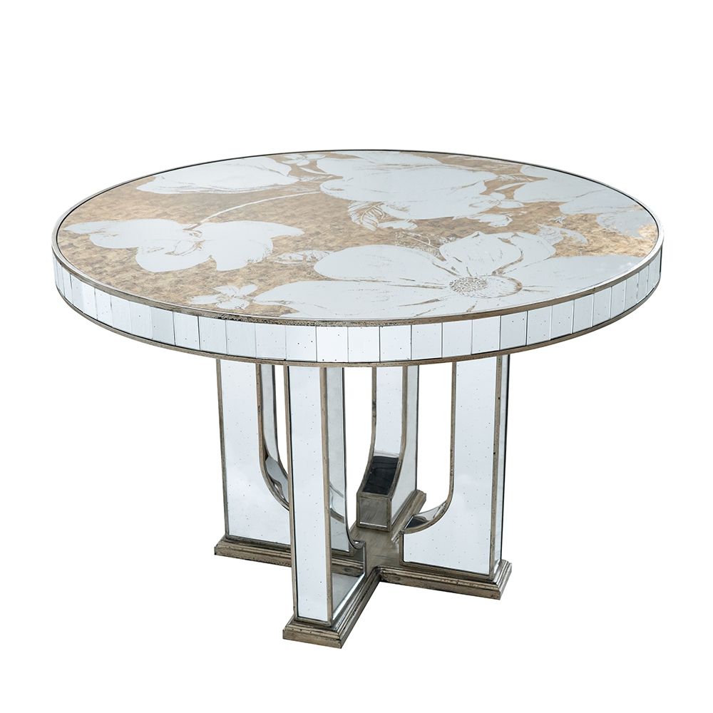 Round Dining Table With Elegant Floral Design And Mirrored - Silver Multi