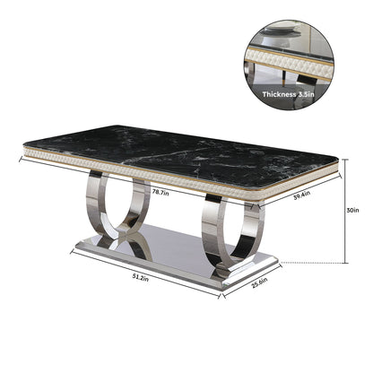 Luxury Modern Dining Table With Faux Marble Top And Dual Circle Base - Black