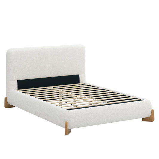 Elegant Boucle Upholstered Bed With Solid Wood Feet