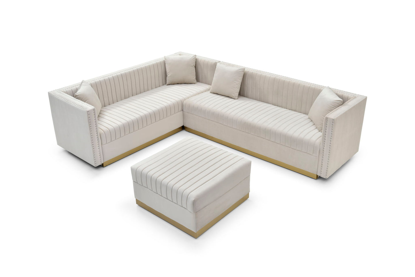 Contemporary Vertical Channel Tufted Velvet Sectional Sofa For Living Room Apartment With Ottoman And 4 Pillows - Beige