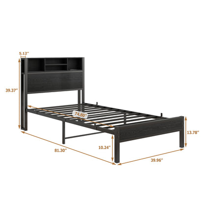 Modern Metal Platform Bed Frame With Storage Headboard And Charging Station